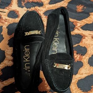 Calvin Klein Black Suede Loafers with Gold Accents